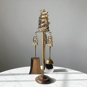 Vintage Brass Fireplace Tool Set: 1930s Nautical Hearth Decor