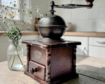 Vintage German Coffee Grinder Wooden Manual Burr Mill Rustic Kitchen Decor Farmhouse Coffee Grinder Antique Style Gift