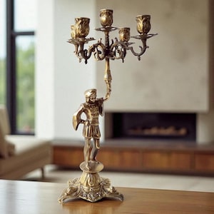 Vintage Italian Bronze Candelabra: Victorian Brass 5-Arm Page Figurine