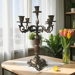 Vintage Bronze & Oak Candelabra: Italian Victorian Style, 17&quot; Tall