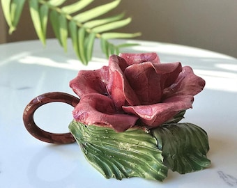 Vintage Capodimonte Porcelain Rose Candle Holder | Italian 1940s-50s Pink Flower Candleholder