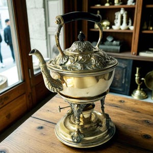 Vintage Brass Teapot on Warming Stand with Burner | Art Nouveau Spirit Kettle