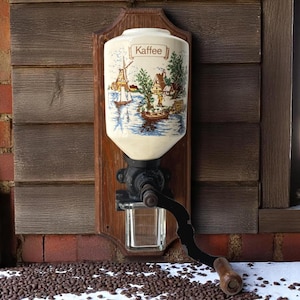 Vintage German Oak Wall Mount Coffee Grinder: Landscape Porcelain Reservoir