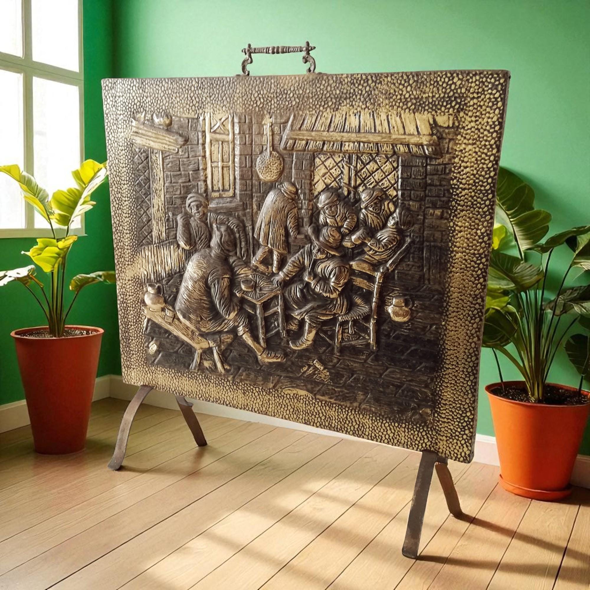 ファイヤースクリーン 赤銅色 暖炉マントル 3パネル オープン