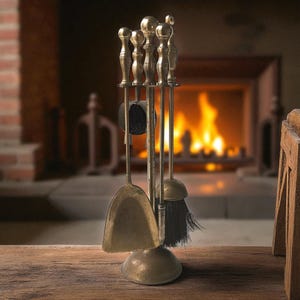 Mid-Century Belgian Brass Fireplace Tool Set: Brush, Shovel, Poker & Stand