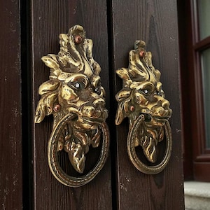 Op de afbeelding: Twee sierlijke messing deurkloppers, elk met een leeuwenkopontwerp en een ring om op te kloppen. De kloppers hebben een gedetailleerd, verouderd uiterlijk met een gouden afwerking en zijn gemonteerd op een donkerbruine houten deur.