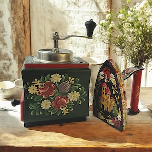 Vintage German Coffee Grinder: 1950s Hand-Painted Folk Art Kitchen Decor