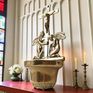 Antique Bronze Catholic Crucifix with Holy Water Font - 1900s INRI Jesus Christ Cross