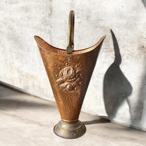 Vintage Belgian Hammered Copper Umbrella Stand | Brass Base & Handle | Roses Motif Hallway Décor | Mid-Century Entryway Organizer