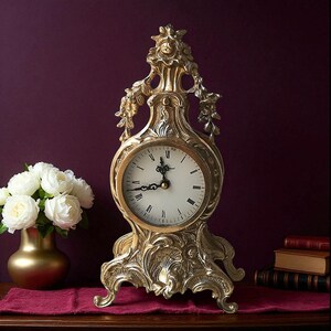 Peut inclure: Horloge de style ancien en or avec un cadran blanc et des chiffres romains noirs. La montre présente des détails floraux élaborés. Un vase doré avec des fleurs blanches est à gauche. L'horloge est sur une surface en bois.