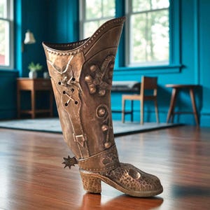 French Copper Umbrella Stand: Vintage Musketeer Boot Cane Holder