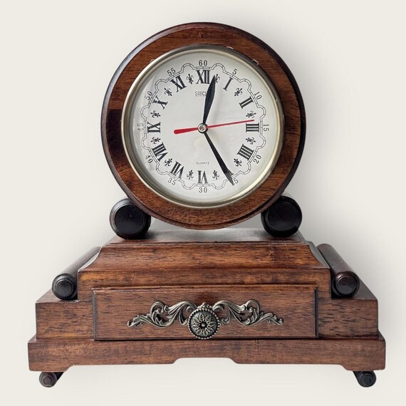 引き出し付きヴィンテージスタイルの木製置時計：ローマ数字、クォーツ