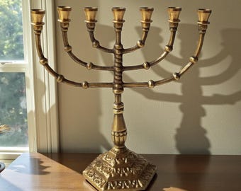 Vintage Bronze Menorah | 7 3/8" Judaica Candelabra | Hanukkah Candle Holder for 7 Candles