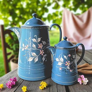 Pair Vintage French Enamel Pots – Blue Shabby Chic Coffee Tea Pots – Floral Farmhouse Kitchen Décor – Antique French Enamelware