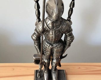 Vintage Cast Iron Knight Fireplace Tool Set: Mid-Century Gothic Hearth Decor