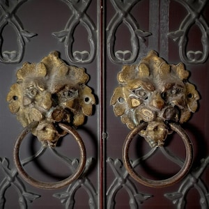Può includere: Primo piano di due battenti antichi. Ogni battente presenta una testa di leone dettagliata con una maniglia circolare. Le teste di leone sono color oro e le maniglie sono di un bronzo più scuro. Lo sfondo è una porta marrone scuro.