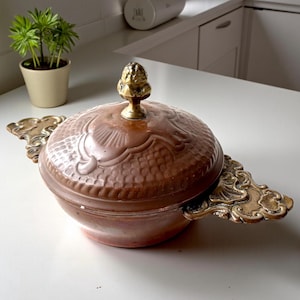 Vintage Copper Soup Bowl with Lid | French Tinned Copper & Gilt Bronze Bouillon Bowl