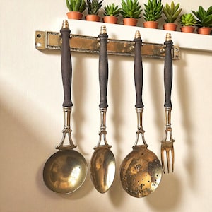 Vintage Brass Kitchen Utensil Set: French Farmhouse Decor with Wall Rack