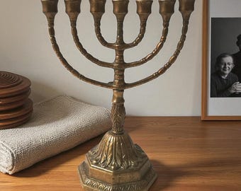 Vintage Bronze Menorah | 9" Judaica Candelabra | Hanukkah Candle Holder for 7 Candles