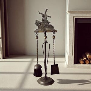 Mid-Century Dutch Brass Fireplace Tool Set: Shovel, Brush, Tongs