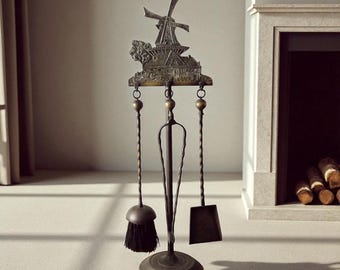Mid-Century Dutch Brass Fireplace Tool Set: Shovel, Brush, Tongs
