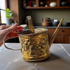 May include: A vintage brass watering can with ornate floral relief detailing. The can features a long spout, a curved handle, and a hinged top. The brass has a warm, aged patina, suggesting it is an antique or vintage item. The can is designed for watering plants.