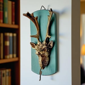 Gancho de pared vintage con cabeza de ciervo de latón / Colgador de pared rústico de ciervo / Gancho para llaves de latón y madera