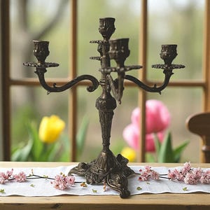 Vintage Brass Candelabra – 5 Arm Italian Candle Holder, Victorian Style Bronze Candleholders,Table Centerpiece