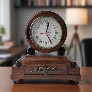 Vintage Style Wooden Table Clock with Drawer: Roman Numerals, Quartz Movement