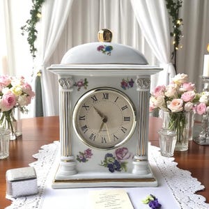 Vintage Porcelain Table Clock – Made in England – Floral Quartz Mantel Clock with Pink Roses & Gilt Trim – Collectible English Home Décor