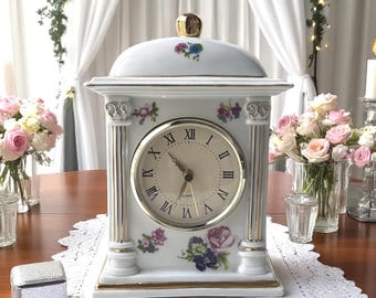 Vintage White Ceramic Floral Clock, Laura Ashley Quartz 1990 UK