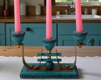 Turkoois messing kandelaar vintage | Shabby Chic Kandelaar | Frans landelijk decor | Kandelaar in cottage-stijl | Boerderijdecoratie