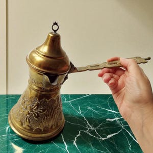 Vintage Brass Coffee Pot Jazzve | Handmade Tunisian Engraved Brass Coffee Pot | Middle Eastern Coffee Maker | Collectible Coffee Decor