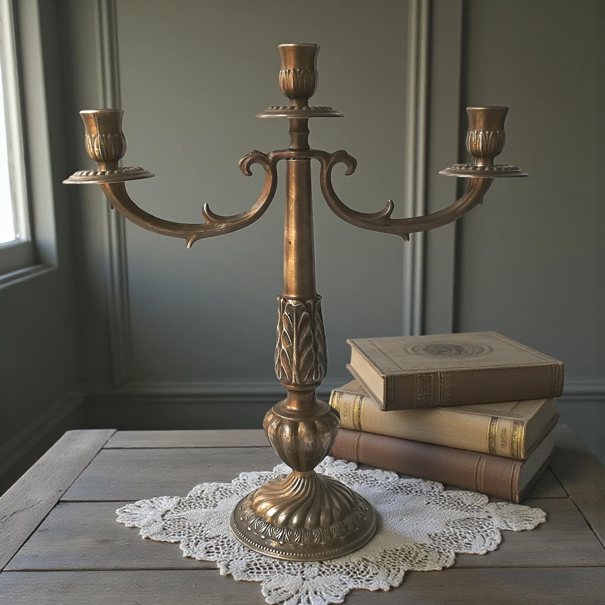 Vintage Bronze Victorian Ornate 3-arm Candelabra – Early 20th