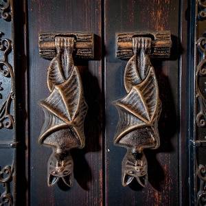 May include: Two bronze-colored bat-shaped door knockers hanging upside down. The bats are detailed with textured wings and faces, attached to a wooden-like bar. The door knockers are mounted on a dark brown wooden door.