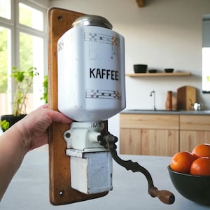 Vintage German Coffee Grinder: 1930s Ceramic & Wood Wall Decor