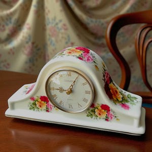 Vintage Porcelain Leonardo Collection England Table Clock Roses | Floral Desk Clock | Shabby Chic Mantel Clock | Romantic Cottagecore Decor