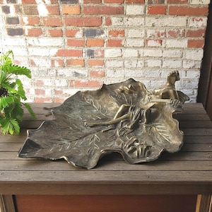 Art Nouveau Brass Leaf Dish: Fairy, Frog Trinket Tray