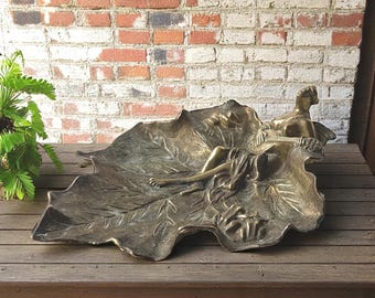 Art Nouveau Brass Leaf Dish: Fairy, Frog Trinket Tray