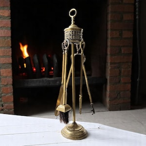 Vintage Solid Brass Fireplace Tool Set: Mid-Century Hearth Decor