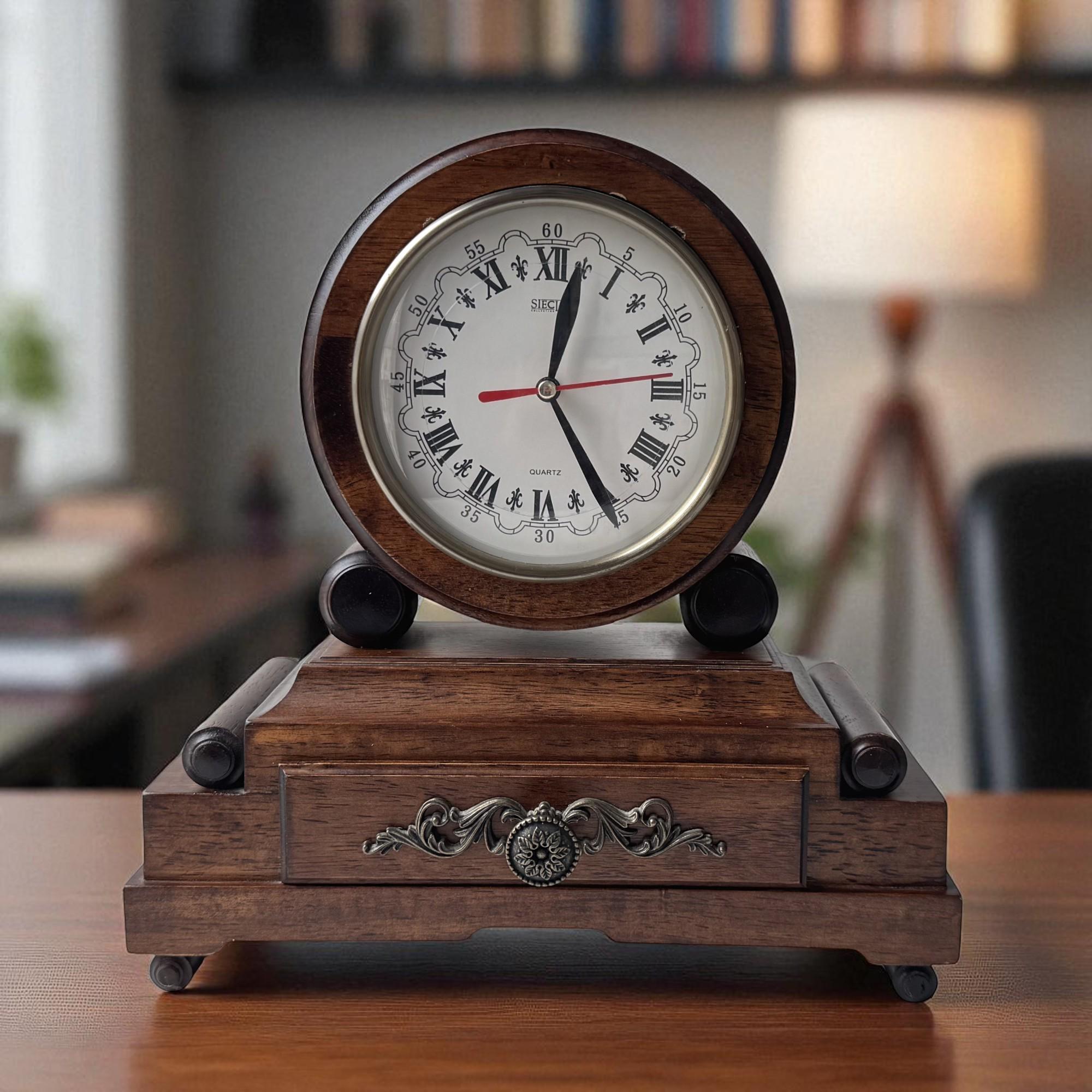 引き出し付きヴィンテージスタイルの木製置時計：ローマ数字、クォーツ