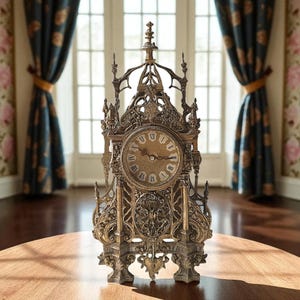 Può includere: Orologio antico ornato con finitura bronzo. Il quadrante presenta numeri romani e dettagli decorativi intricati. È esposto su un tavolo di legno in una stanza con carta da parati floreale e tende blu. L'orologio è alto circa 30 cm.