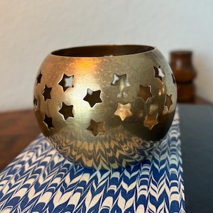 Vintage Brass Star Cutout Candle Holder, Celestial Tea Light Votive, Mid Century Brass Sphere Candle Pot, Boho Starry Night Brass Decor