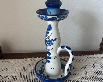 Vintage Blue and White Porcelain Candlestick, Delft Floral Candle Holder, Chamberstick Taper Stand