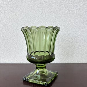 Vintage Avocado Glass Urn Planter | Pedestal Vase with Scalloped edge | Fluted Green Glass Cache Pot | Mid century Planter