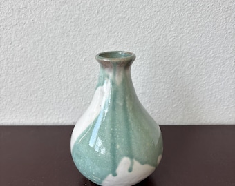 Vintage 1995 Valerie Brannon Studio Pottery Vase | Signed Handmade Green and White Drip Glaze Bud Vase | Stoneware Aesthetic Chic Home Decor