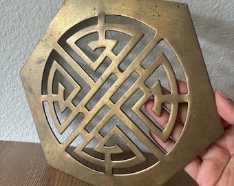 Vintage Brass Trivet: Chinese Shou Symbol, Hexagonal Wall Decor
