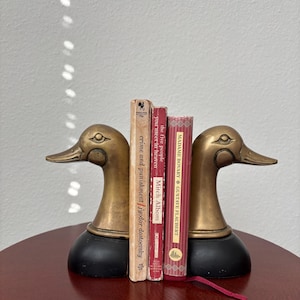 Vintage 1950s Brass Duck Head Bookends, Mid-Century Mallard Duck Figurines