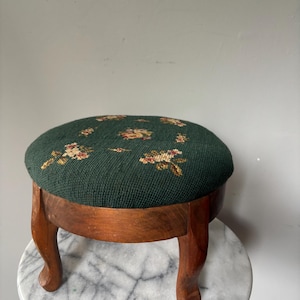 Vintage Floral Needlepoint Footstool: Green Cottage Decor