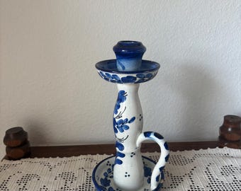 Vintage Blue and White Porcelain Candlestick, Delft Floral Candle Holder, Chamberstick Taper Stand